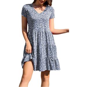 nclook Womens Summer Casual Dress Sweet Cute V Neck Mini Dress with Pocket Short Sleeve (X-Large, Floral Blue)