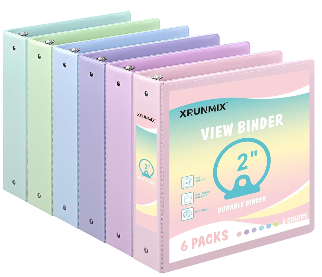 2inch 3Ring Binder with Pockets, Basic Binders 2'' Pastel Color Binders, Holds Letter Size 8.5'' x 11'', 450 Sheet Capacity, Bundle 6 Pack for Back to School (2 Inch)