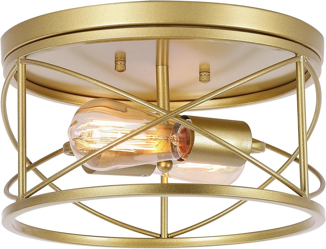 WELTRANS 2Light Flush Mount Ceiling Light Fixture, Industrial Modern Gold Ceiling Lamp, Vintage Farmhouse Light Fixture for Hallway, Bedroom, Dining Room, Living Room, Kitchen, Entryway