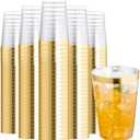 I00000 200 Pack 12 oz Gold Plastic Cups, Clear Disposable Cups, Disposable Plastic Wine Glasses Cocktail Glasses Premium Cups with Gold Rim, 12 Ounce Tumblers for Party & Wedding