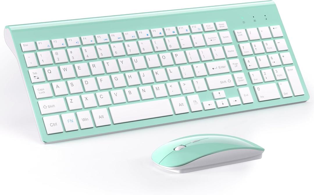 TopMate Wireless Keyboard and Mouse Ultra Slim Combo, 2.4G Silent Compact USB 2400DPI Mouse and Scissor Switch Keyboard Set with Cover, Batteries Included, for PC/Laptop/Windows/Mac - Mint Green
