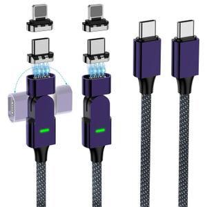 100W Magnetic USB C Charging Cable, 180 Rotation 2 in 1 Magnetic Phone Charger Cable [2 Pack, 4/6.6ft],480Mbps Data Transfer, for iPhone 16 15,14,13,iPad,MacBook Pro,Galaxy S22 (Purple)