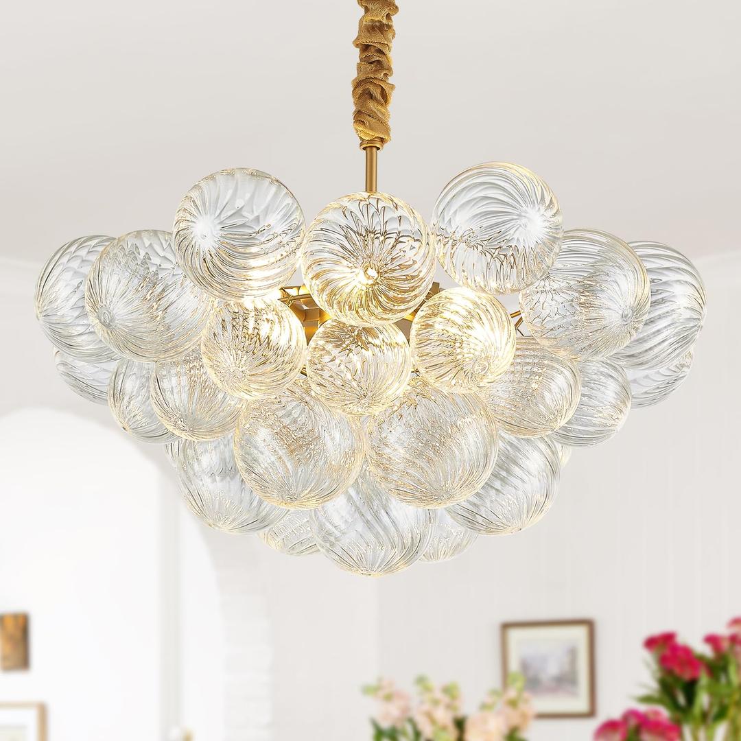 brfaixla Gold Nordic Bubble Ball Chandelier Dia 21" Modern 6 Lights Swirled Clear Ribbed Blown Glass Chandelier Light Fixture for Living Room Dining Room Kitchen Foyer Entryway