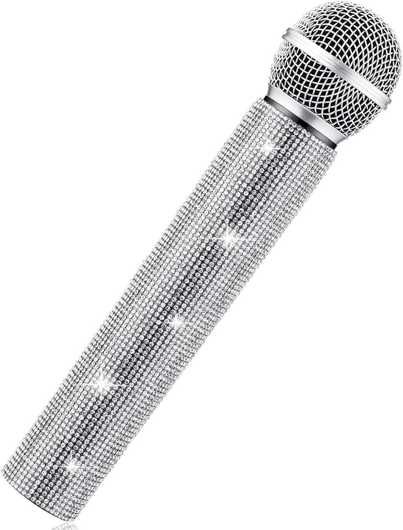 Sanwuta Fake Microphone Prop Sparkly Bling Rhinestones Plastic Play Microphone Pretend Glitter Bedazzled Mic for Cosplay Party Costume(Silver)