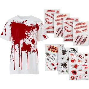 Outus Halloween Blood Splatter T-Shirt with 7 Sheet Blood Tattoo Stickers, Scary Halloween Bloodstained Horror Costume Accessories Kit for Adult Party Cosplay Masquerade Prank Makeup Props(X-Large)