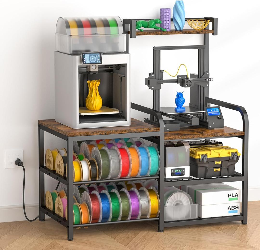 Dual‑Zoned 3D Printer Table with Filament Storage Rack for 2 Printers.