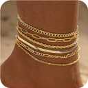 6 PCS Gold Ankle Bracelets for Women, 14k Plated Gold Layered Anklet Set Waterproof Herringbone Paperclip Beaded Figaro Cuban Link Chain Beach Stackable Anklet Bracelet Jewelry Gift for Women