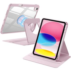 Wenlaty for iPad (A16) 11th Generation Case 11 Inch 2025, for iPad 10th Generation Case 10.9 Inch 2022 with Pencil Holder, 360° Rotating Protective Stand Cover, Detachable Magnetic Clear Back, Pink