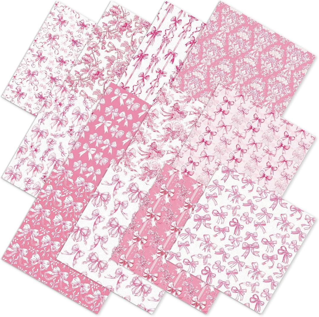 Whaline 12 Pcs Pink Bow Rose Cotton Fabric Bundles Chinoiserie Flower Bowknot Fat Quarters Pink White Sewing Fabrics for DIY Handmade Craft Decor, 18 x 22 in