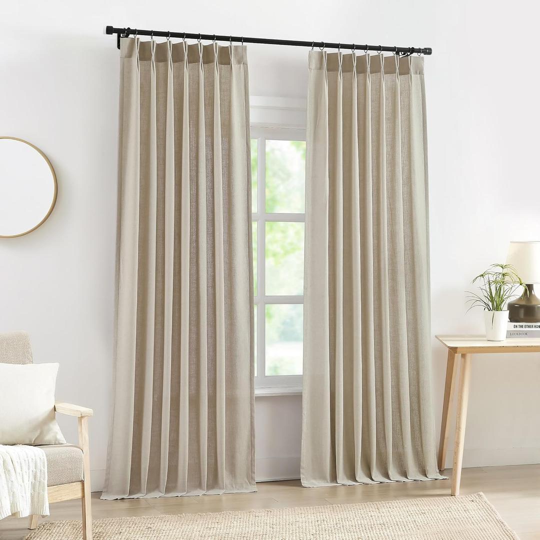 Central Park Sand Pinch Pleated Light Filtering Curtain Panel 108 Inches Linen Blended with Microfiber Liner Textured Window Treatment Sets for Living Room Bedroom with Back Tabs Hooks, 40"L x108"W x2