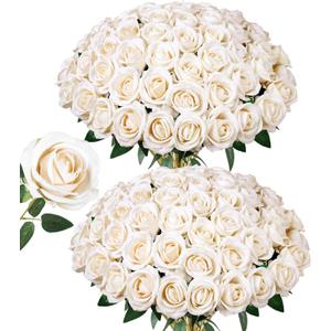 50 PCS Champagne Roses Artificial Flowers, Fake Roses with Stem Realistic Silk Rose for DIY Wedding Bouquets Table Centerpieces Arrangements Baby Shower Birthday Home Decor Valentines Day Gift for Her