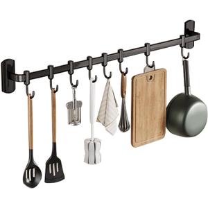 Adhesive Wall Mounted Pot Pan Rack, Kitchen Wall Mounted Detachable Pan Lid Utensils Organizer Hanging Rail with 8 Hooks for Kitchen Bathroom Bedroom,17.7''