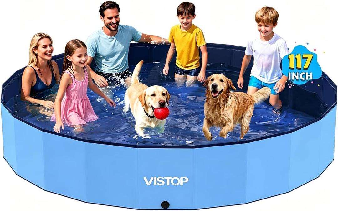VISTOP Jumbo Foldable Dog Pool, Hard Plastic Shell Portable Swimming Pool for Dogs Cats and Kids Pet Puppy Bathing Tub Collapsible Kiddie Pool (117inch.D x 15.7inch.H, Blue)