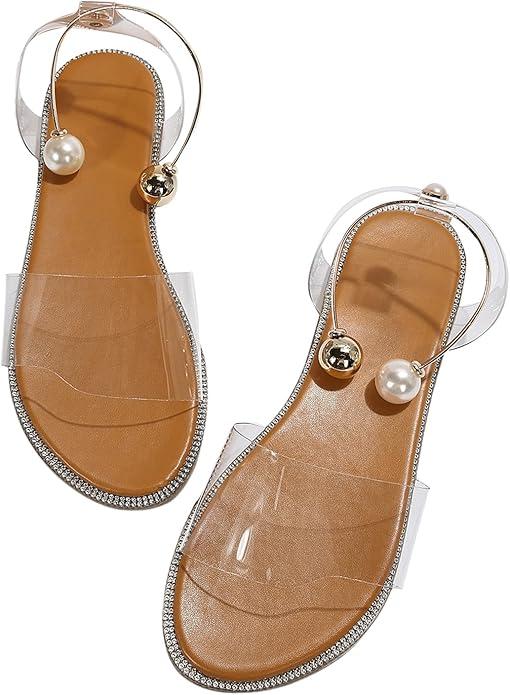 OYOANGLE Women's Pearl Decor Clear Straps Open Toe Flat Sandals Leather Outdoor Beach Sandals, Size 41, Apricot