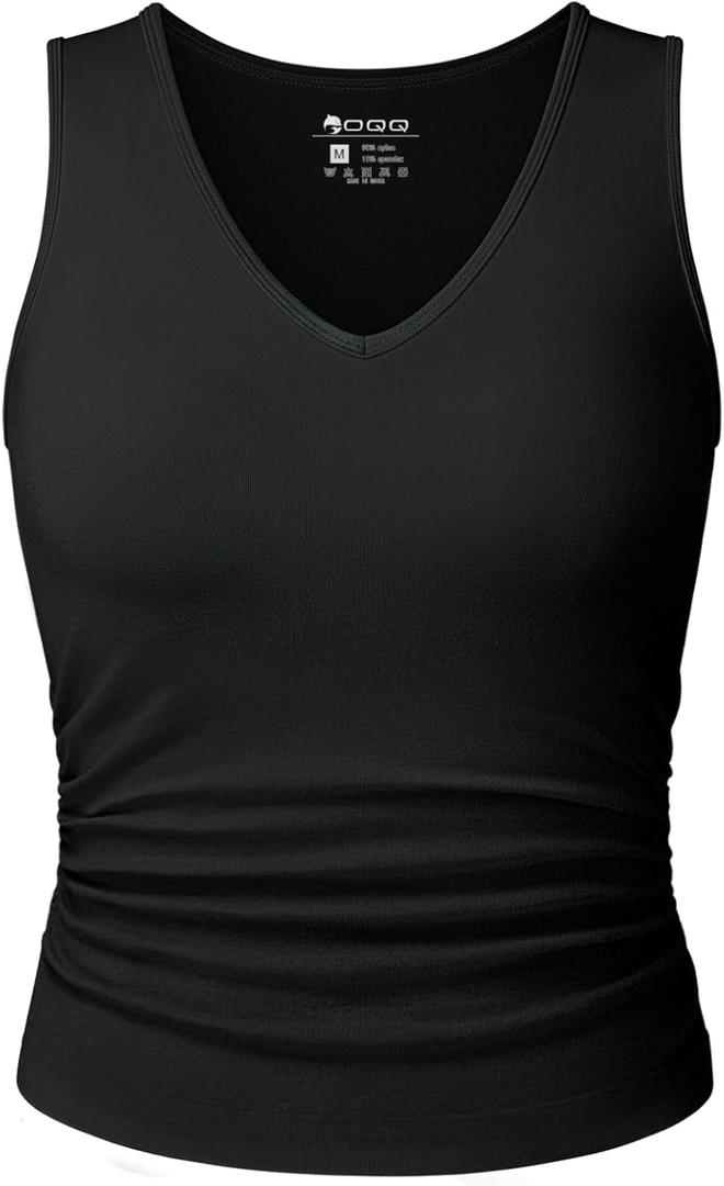 OQQ Women Shirts Sleeveless V Neck Stretch Clothes Basic Tank Tops (Small, Black)