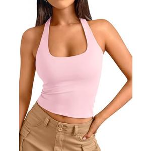 Trendy Queen Halter Tops for Women 2025 Summer Going Out Tops Backless Crop Sleeveless Workout Shirts Cute Y2k Clothes, Small, Baby Pink 