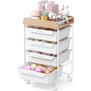 SYKIARIOL Rolling Storage Utility Cart with 4 Drawers,Kids Craft Art Cart,Makeup Organizer and Storage with Wooden Tabletop,White