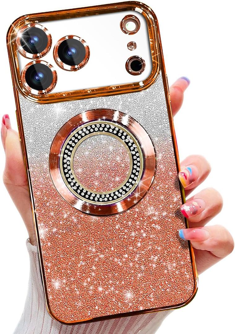 Misscase for iPhone 17 Pro Max Magnetic Glitter Case Compatible with MagSafe,Full Protection Slim Shockproof Anti-Scratch Case with Camera Lens Protector Plating Bling Dust-Proof Net Orange