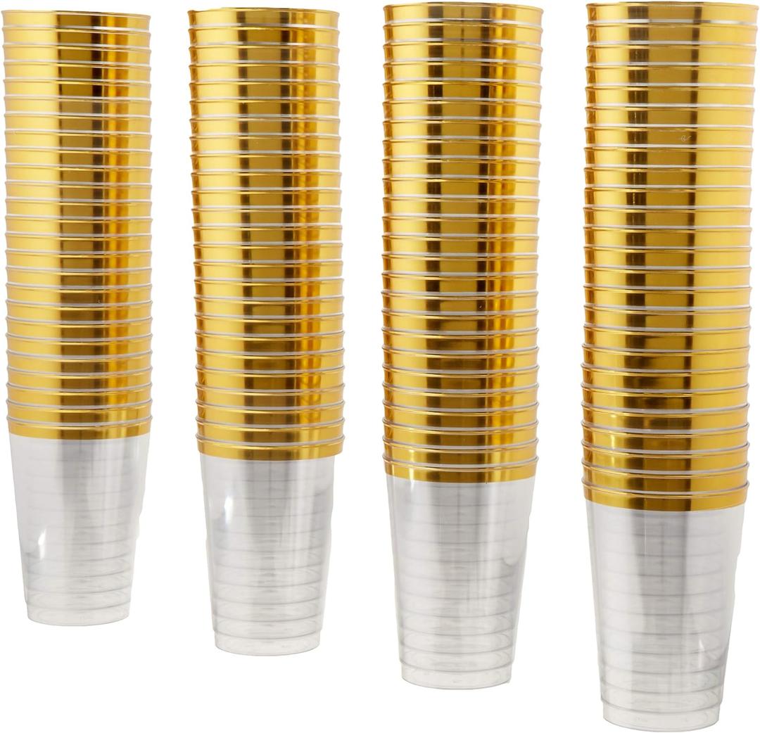 Oojami 100 Pack - 12oz Gold Rim Hard Plastic Cups | Crystal Clear Disposable Old Fashioned Tumblers | Elegant Party Cups for Weddings, Birthdays, Showers, Bars, Events & Everyday Use