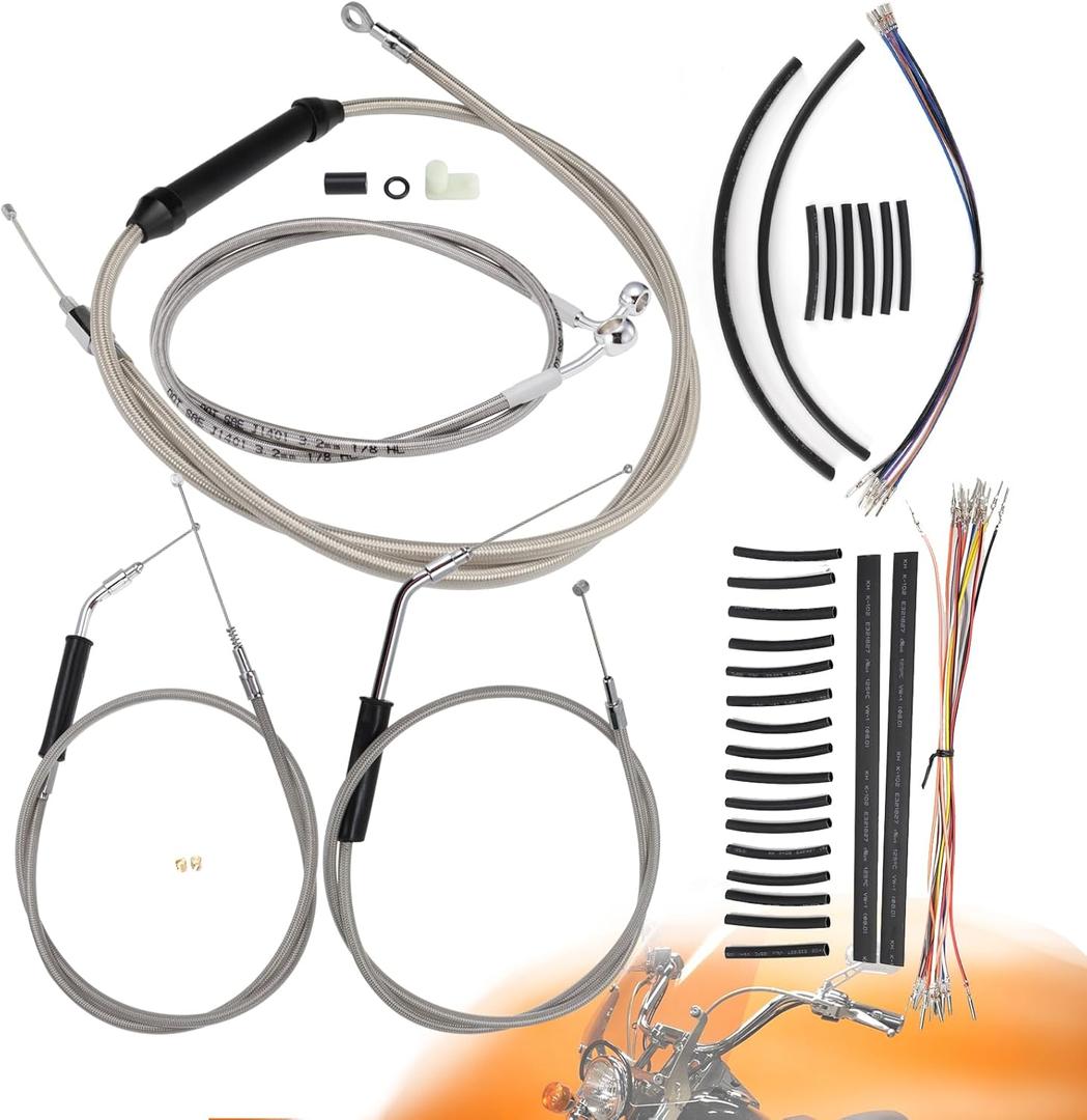 16" Dyna Cables Kit Handlebar Extended CAN-Bus/Turn Signal Wires/Clutch/Throttle Cables/Brake Line for 1996-2006 Non-ABS Dyna FXD Super Glide, FXDWG Wide Glide, FXDL Low Rider, Chrome