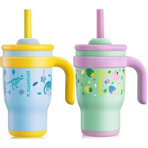 KXIAOCHEN Toddler Tumbler 2-Pack, 14 oz Spill-Proof Straw Cups with Handles | 18/8 stainless steel, BPA-free, silicone base, cupholder friendly, keeps cold 24 hours for kids at home, daycare or travel