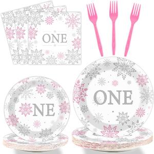 Winter Onederland 1st Birthday Themed Tableware  Snowflake One Plates, Napkins for Baby Girls First Birthday  Disposable Paper Party Decorations Supplies Favors for 24 Guests