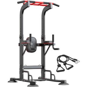 SogesHome Pull Up Bar and Dip Station, Heavy Duty Adjustable Home Gym Equipment for Strength Training, Multifunctional Workout Bar with Resistance Bands Full Body & Core Exercise