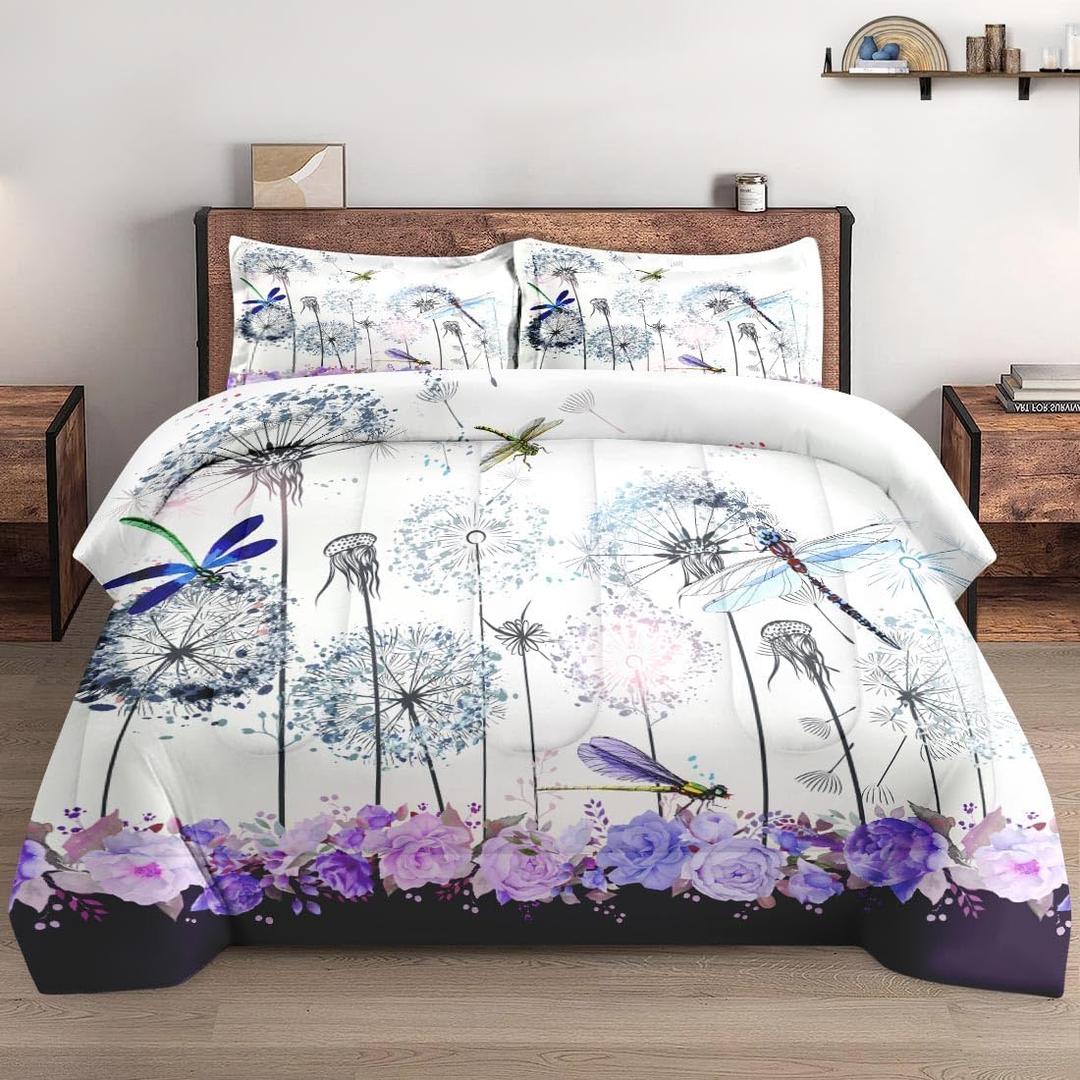 King Size Comforter Set with 2 Pillowcases, Spring Dragonfly Purple Flower 3 Pcs Bedding for Kids and Adults, Vintage Summer Botanical Soft Comforter Set for Bedroom Bed Decor