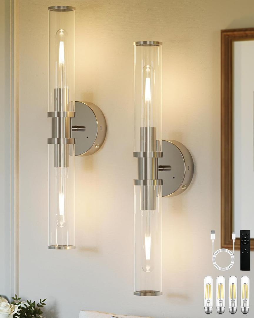 Rechargeable Battery Wall Sconce with Remote Control, Nickel Wireless Wall Lights, Easy Install Dimmable Battery Sconces Wall Decor Set of 2 for Living Room Bedroom Hallway Entryway Stairwell, 3000K