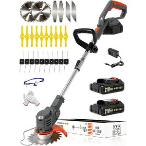 Electric Weed Wacker Cordless Battery Powered,20V Lightweight Weed Trimmer Eater with 2 Battery and Charger,3 in 1 Grass Trimmer/Brush Cutter/Lawn Edger with 26 Blade for Yard,Garden