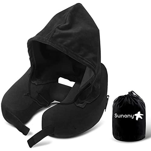 Sunany Neck Pillow for Travel Inflatable Airplane Pillow Comfortably Supports Head,Neck and Chin,Inflatable Travel Pillow with Soft Velour Cover,Portable Drawstring Bag (Black with Hat)