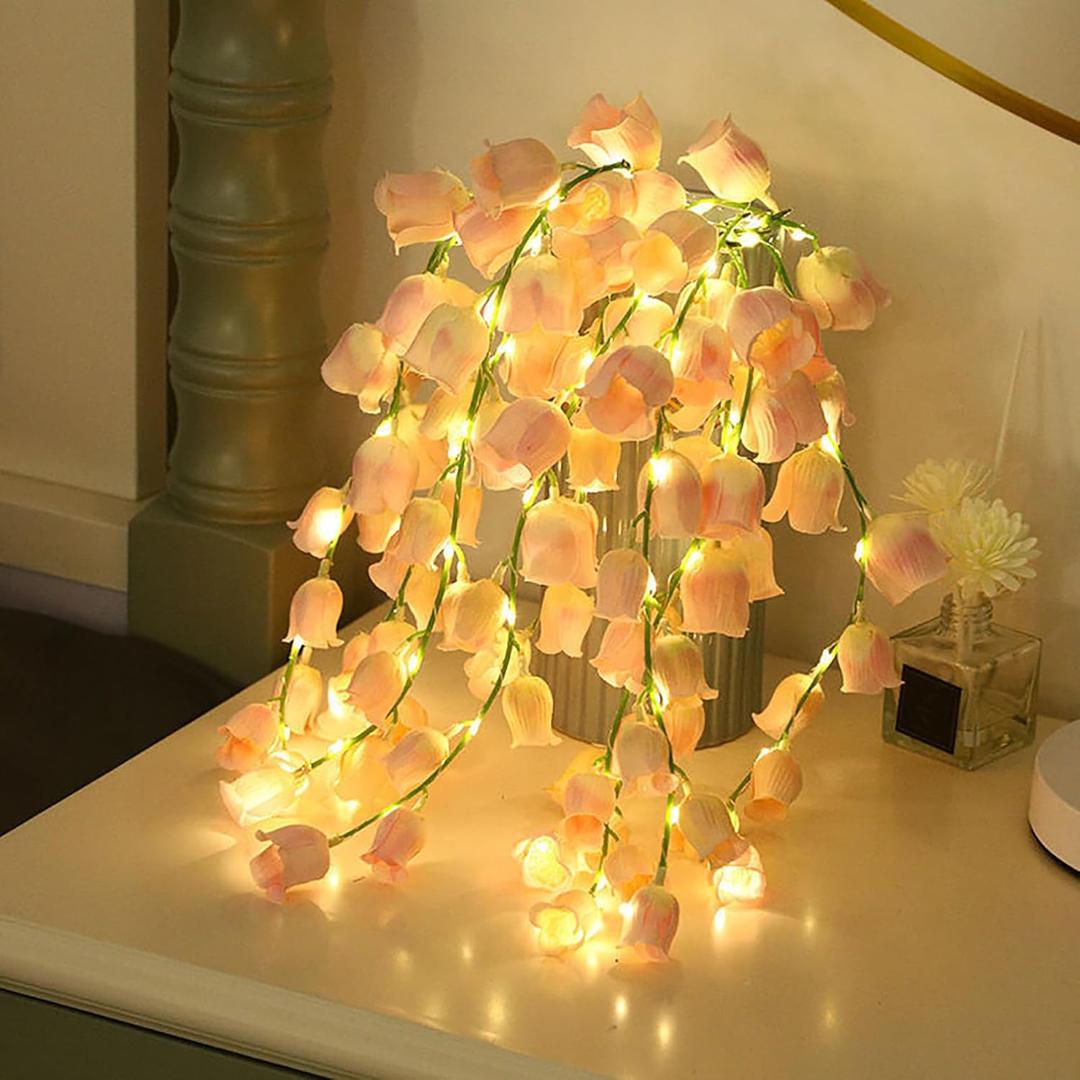 keeda Artificial Lily of The Valley Hanging Flowers Vines Garland with LED Light 10 Strands Artificial Flower Spray, Battery Operated Spring Flowers, Wedding Flowe (Pink)