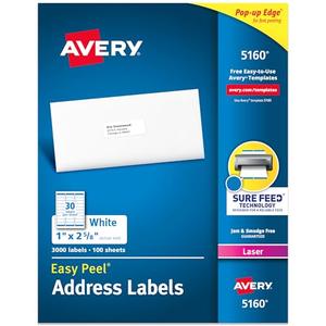 Avery Easy Peel Printable Address Labels with Sure Feed, 1" x 2-5/8" Customizable Stickers, White, 3,000 Blank Mailing Labels, Great for Mailing, Shipping, and More (5160)