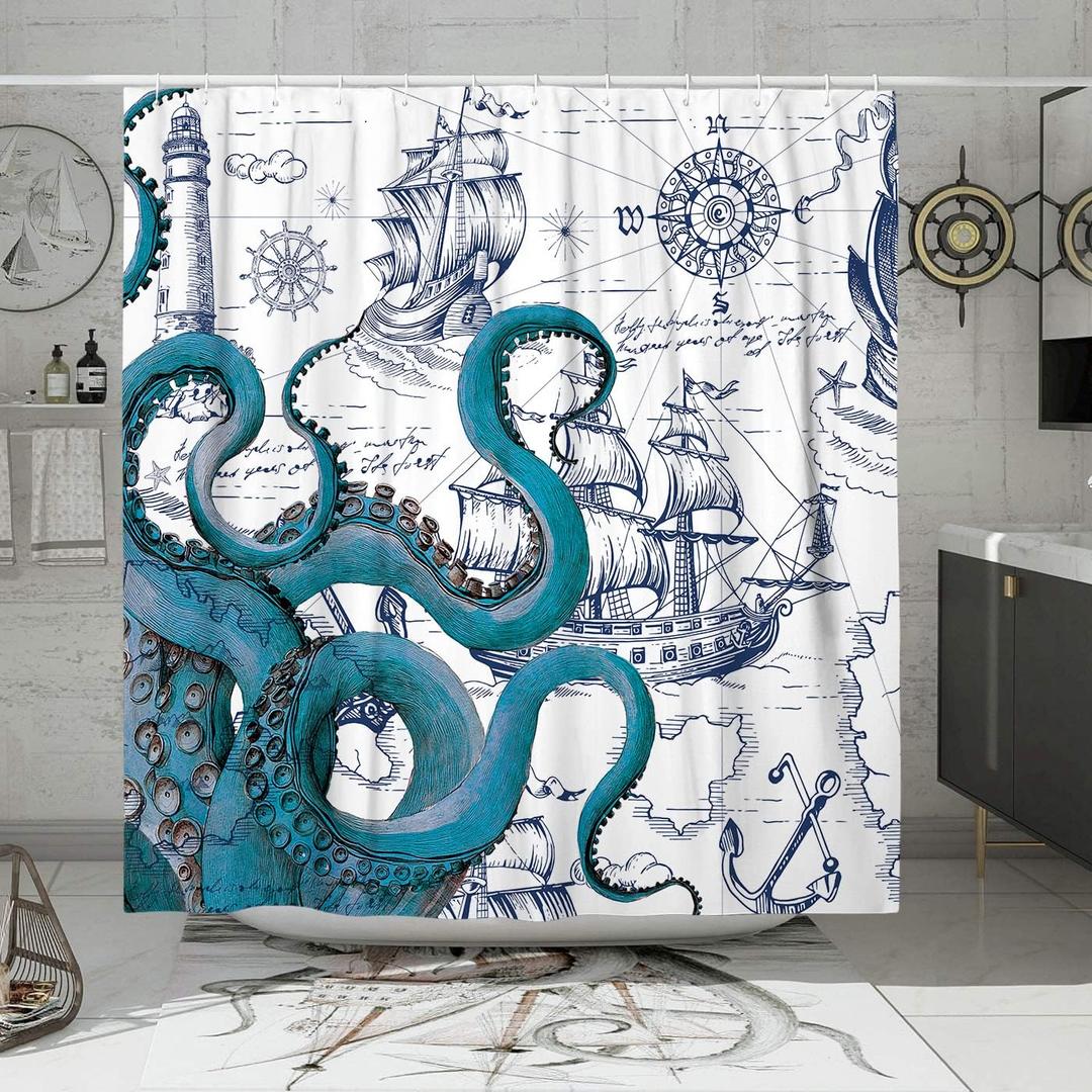 Blue Nautical Octopus Tall Shower Curtain Set, Funny Ocean Kraken Shower Curtains for Bathroom, Beach Coastal Pirate Map Decor Polyester Fabric-72" x 78"
