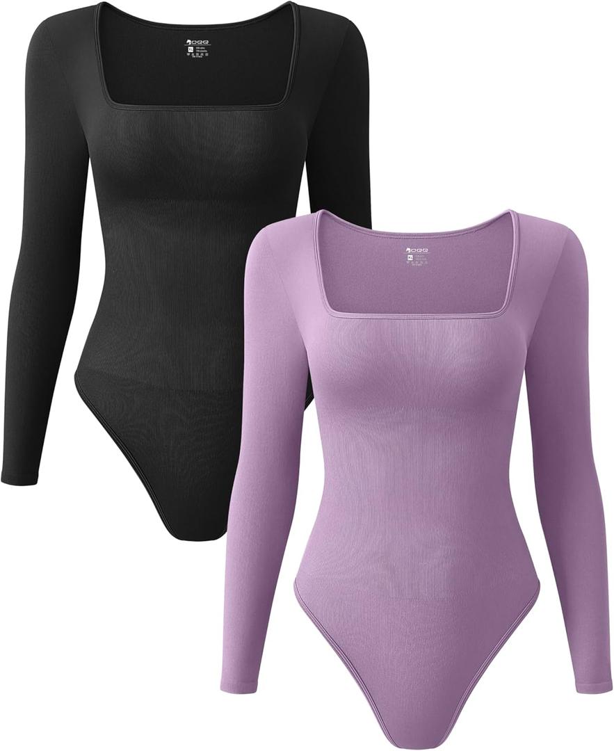 OQQ Women's 2 Piece Bodysuits Sexy Ribbed One Piece Square Neck Long Sleeve Tops (Large, Black Taro Purple)