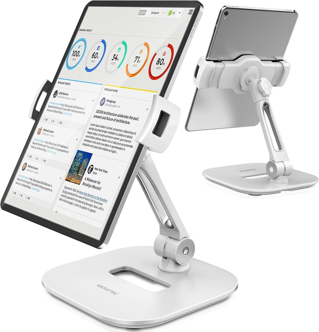 AboveTEK Tablet Stand Holder, Stylish Aluminum iPad Stands, Foldable 360 Swivel iPad iPhone Table Stand Holder fits 4-11" Tablets/Smartphones for Kitchen Bedside Office POS Showroom Reception (White)