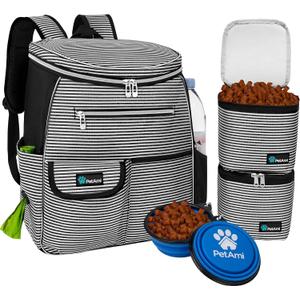 PetAmi Dog Travel Bag Backpack, Airline Approved Dog Bags for Traveling, Puppy Diaper Bag Supplies, Pet Camping Essentials Hiking Accessories Gift, Food Container, Collapsible Bowls, Stripe Black (13 x 8 x 16 inches (L W H))