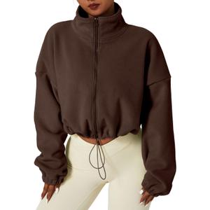 QINSEN Women's Short Fleece Jacket Full Zip Polar Fleece Crop Outwear Winter Warm Stand Collar Coat Caramel Coffee S