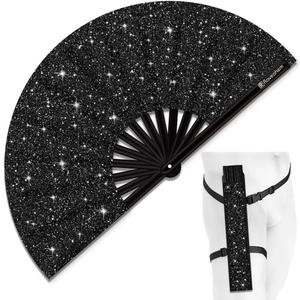 Glitter Large Rave Folding Clack Hand Fan with Holster, Boots on the Ground Popping Handheld Fan Foldable for Men Women for EDM Festival Club Party Dance, (Black, Large 13") (33cm Closed | 63cm Open (13" Closed | 24.5" Open))