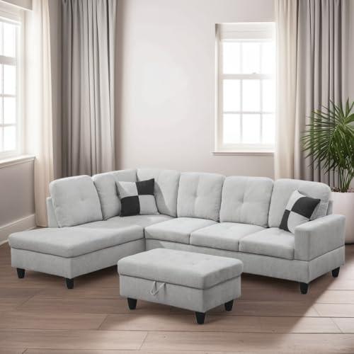 Trygoal L Shaped Couches for Living Room, Sectional Couch Living Room Furniture with Storage Ottoman, Modular Sectional Sofa with Movable Chaise for Apartment Office, Light Grey