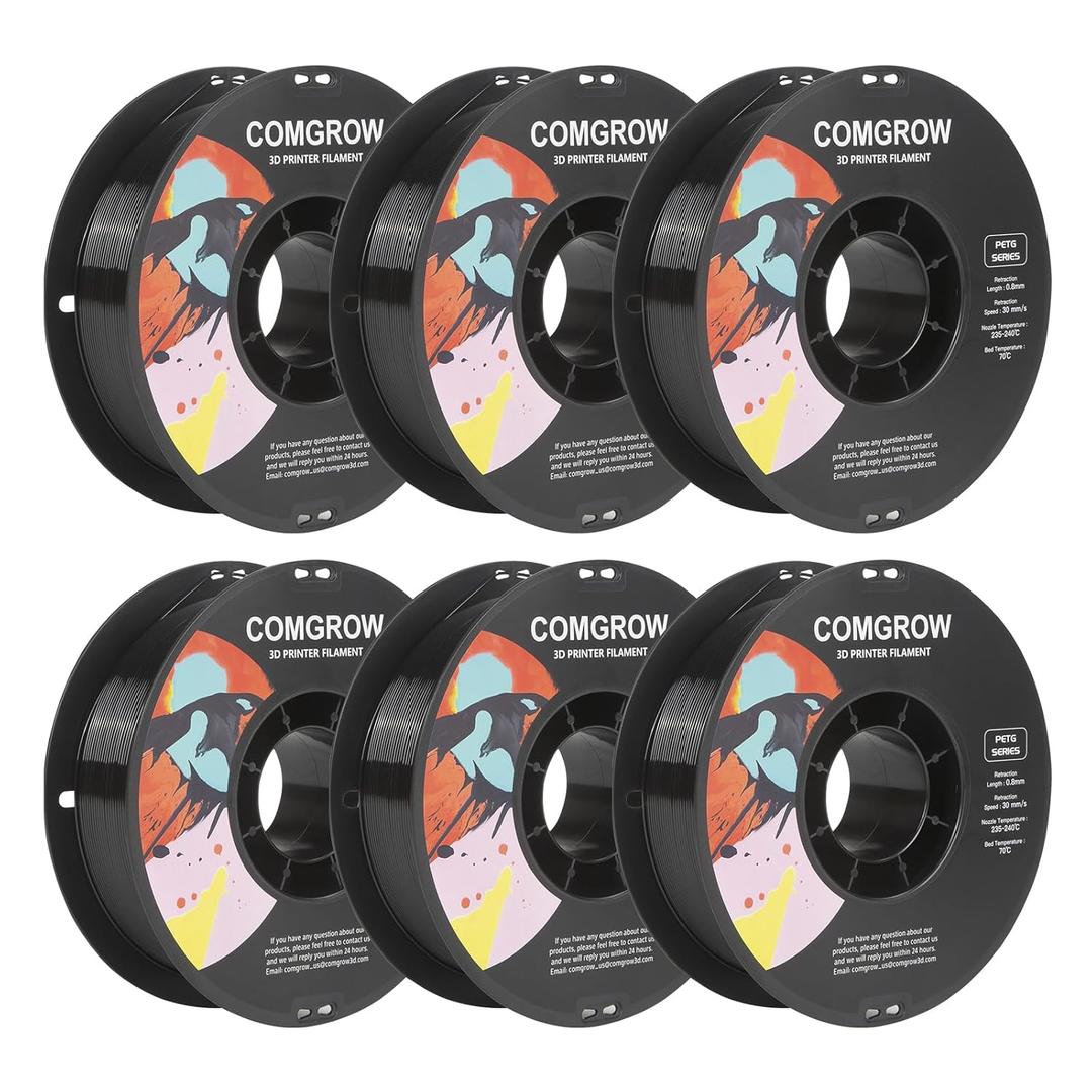 Comgrow PETG 3D Printer Filament 1.75mm, High Precision and Tough 3D Printer Filament 6 Rolls*1kg, Dimensional Accuracy +/- 0.02 mm, Fit Most 3D Printers Black
