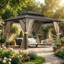 13'X10' Hardtop Gazebo, All-Weather Aluminum Frame Outdoor Canopy with Double Polycarbonate Roof, Permanent Outdoor Gazebo with Netting & Curtains for Garden, Lawns, Patio, Grey.