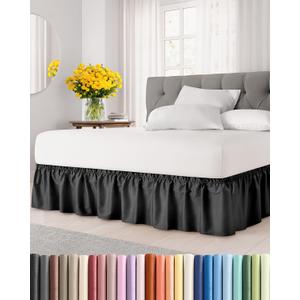 Wrap Around Dust Ruffle Bed Skirt - Black - for Twin Size Beds w/ 14 Inch Drop - Easy Fit Elastic Strap - Adjustable Pleated Bedskirt w/Brushed Fabric, Wrinkle & Fade Free Women, Men, Kids & Teens