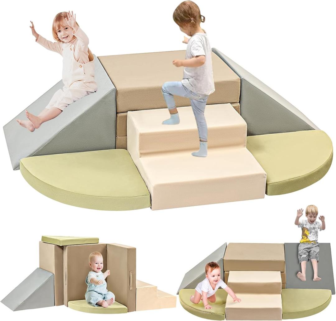 6-Piece Toddler Climbing Toys Indoor, Foam Climbing Toys for Toddlers, Soft Play Baby Climbing Blocks for Crawling and Sliding, Safe Climbing Play Set Indoor Gym Equipment for Toddler1-3, Infant, Baby (Light Green)