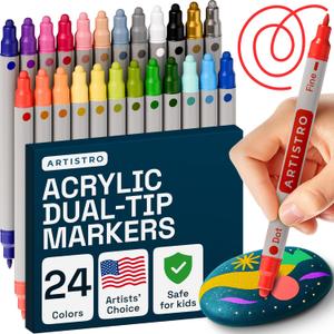 ARTISTRO Vibrant Acrylic Paint Markers for Rock, Fabric, Glass, Wood, Paper, Ceramic, Canvas & More - 24 Dual-Tip Acrylic Paint Pens (Dot & Fine) - Smooth Flow, Quick Dry, Low-Odor