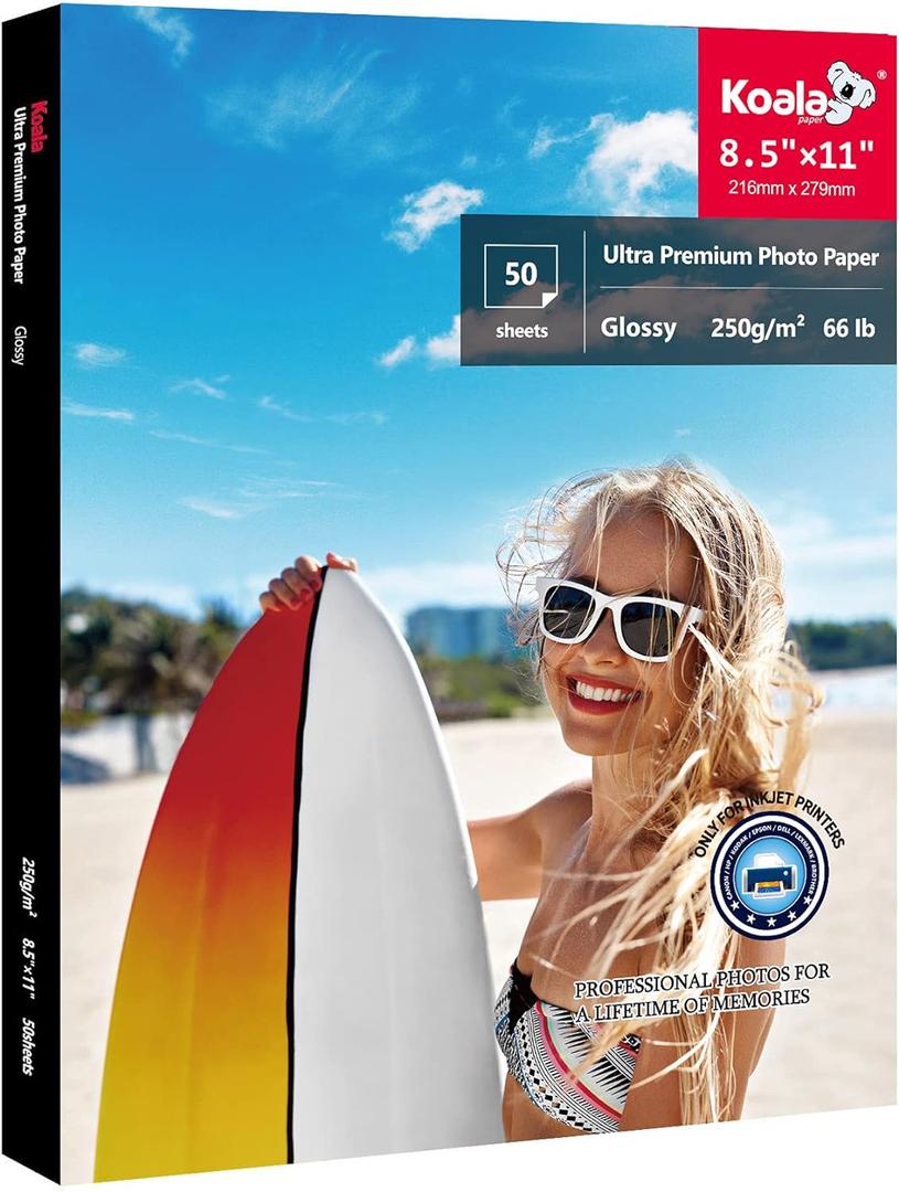 Koala Premium Photo Paper 8.5x11 Inch Glossy Photo Printer Paper for Inkjet Printer Water Resistant 66lb 50 Sheets