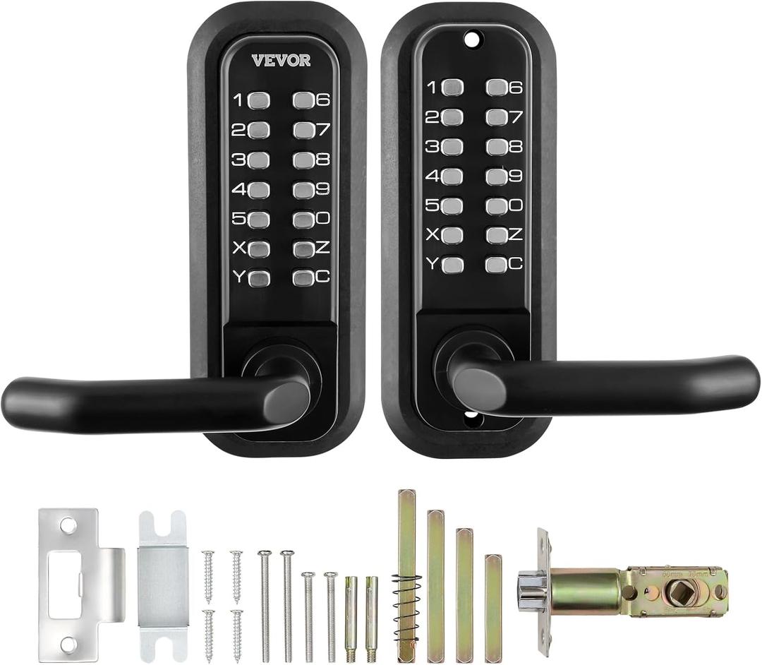 VEVOR Mechanical Keyless Entry Door Lock, 14 Digit Keypad, Double-Sided Embedded Outdoor Gate Door Locks Set with Keypad and Handle, Water-Proof Zinc Alloy, Easy to Install, for Garden, Yard, Garage (Black)