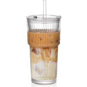 20oz Ribbed Glass Cups with Lids and Straws,1PCS Glass Tumbler with Straw and Lid,Iced Coffee Cups Drinking Glasses for Juice Whiskey Cocktail Beer