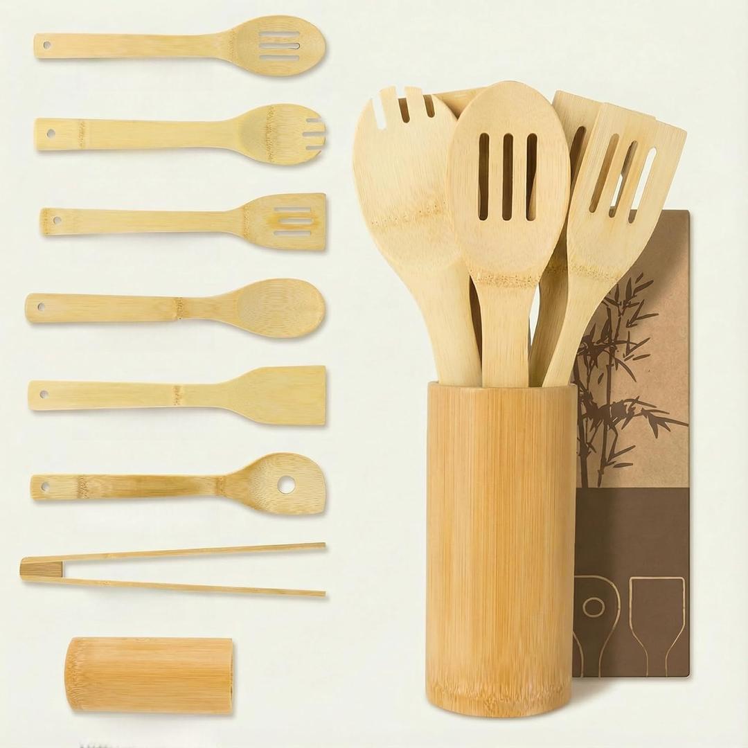 Bamboo Cooking Utensils 8-Piece, Wooden Kitchen Tools with Holder, Non-Toxic Natural Spatula & Spoon Kit with Turner, Slotted Spoon, Ladle, Tongs & Salad Fork