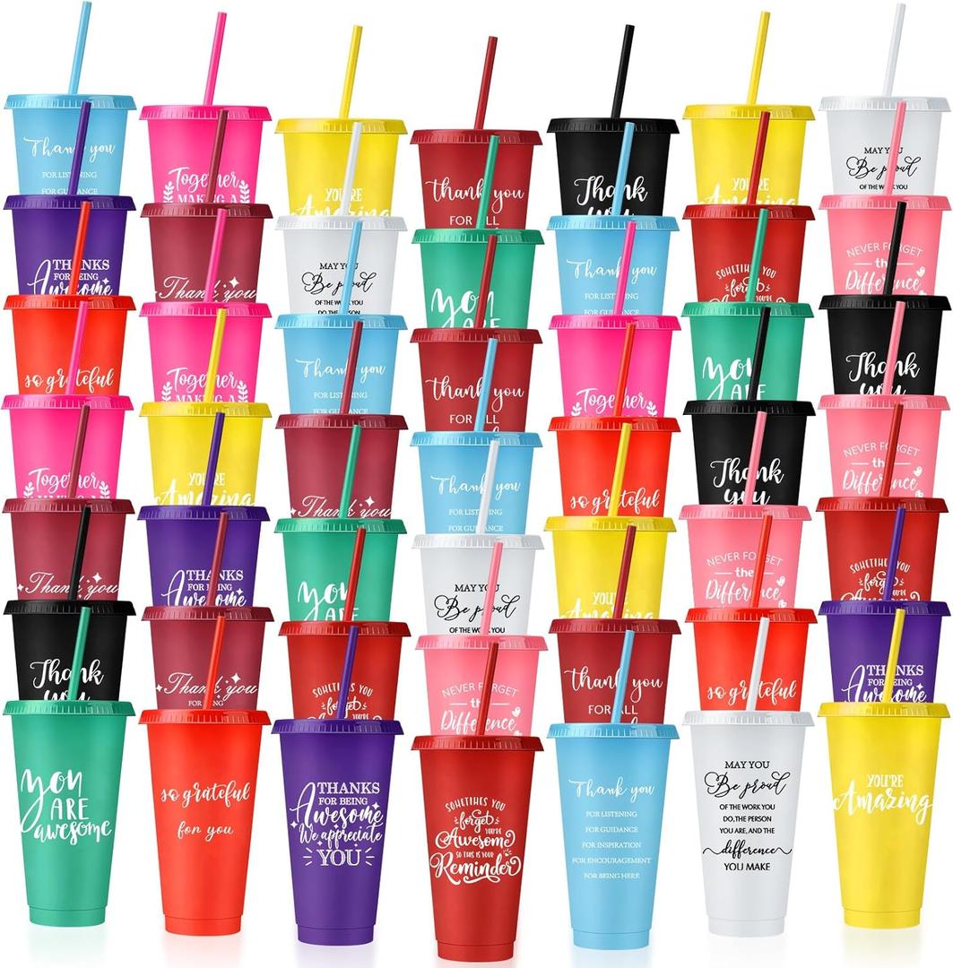 Nuenen 50 Pcs Employee Appreciation Tumbler with Straw and Lid Bulk 24oz Thank You Cup Christmas Party Gift Plastic Inspirational Travel Cups for Teacher Coworker Friend Volunteer(Delicate Style)